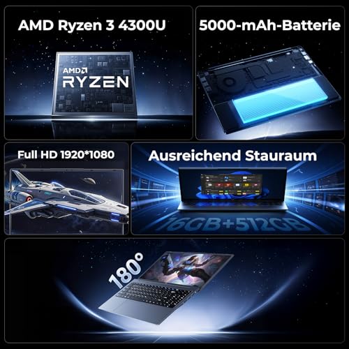 15.6" FHD Laptop, A-MD Ryzen 4300U Processor (Up to 3.7 GHz), 16GB DDR4 RAM, 512GB SSD, WiFi 5, Bluetooth 5.0, 5000mAh Battery - Ideal for Office and Studies - Afbeelding 4