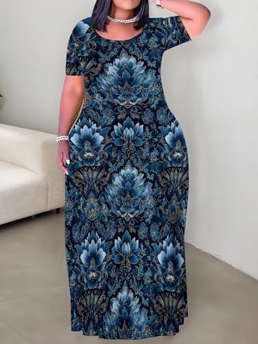 Image of PinkPatty Plus Size Dress for Women Casual Crew Neck Short Sleeve Maxi Dress Oversized Summer Beach Dresses with Pockets