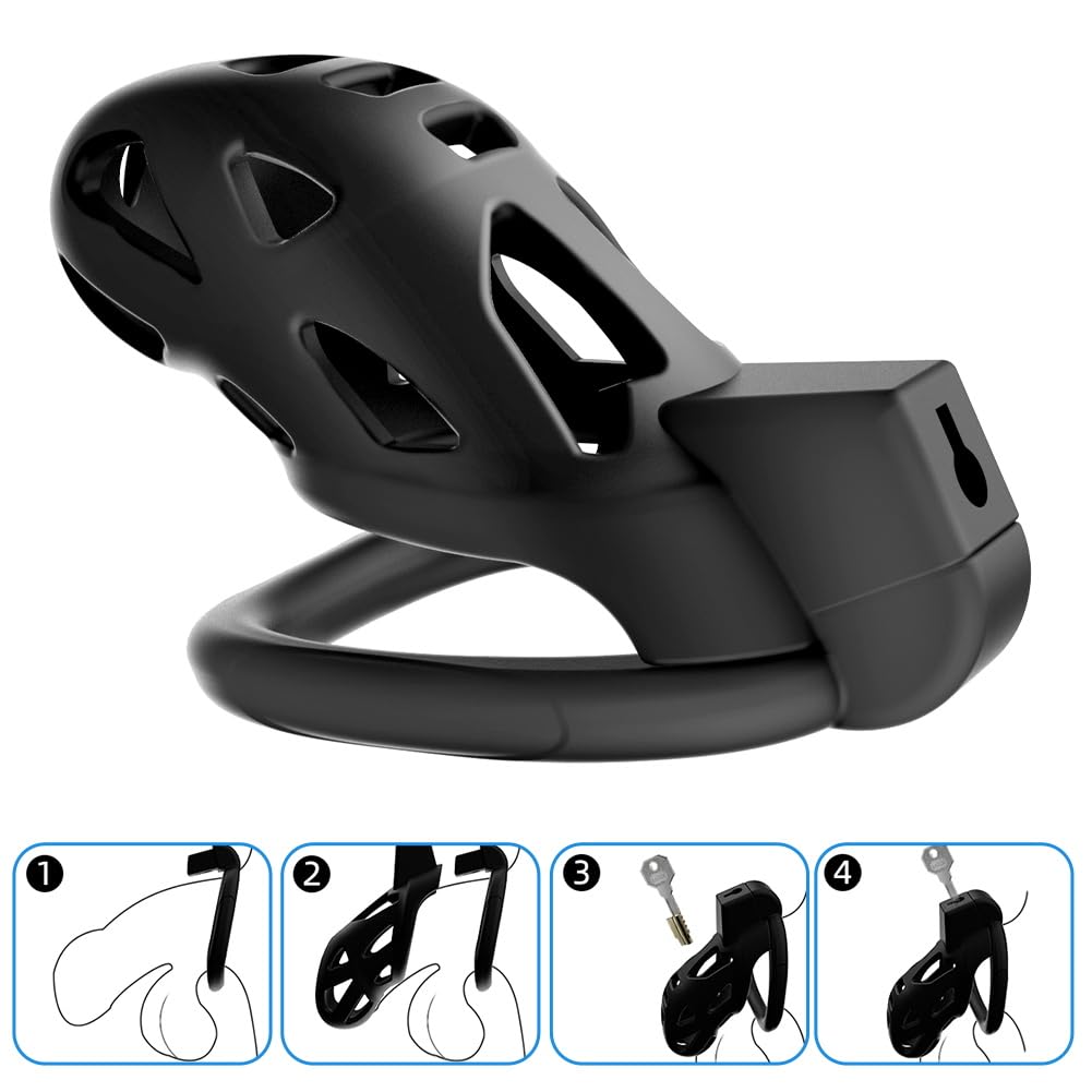 Cage de castidad masculina para bondage, jaula de pene con cierre, cinturón de castidad para ejercicio del pene con 3 anillos de diferentes tamaños y candado invisible (negro)
