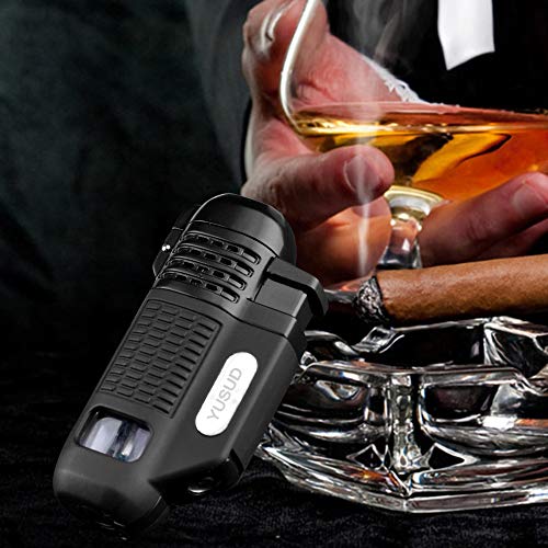 Yusud Torch Lighter, Butane Refillable Lighter with Punch Cutter, New Turbo Quadruple Jet Flame Design with Gas Tank Window, Unique Birthday Gift Idea for Man