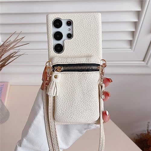 Portefeuille à bandoulière Samsung S23 Ultra et étui porte-cartes cuir blanc avec lanière