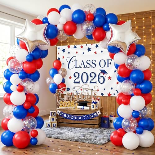Image of PartyXpress 137PCS Red Blue White Balloon Arch Garland Kit with Silver Star Foil Balloons for Patriotic Party, 4th of July Decorations, Graduation, Baseball Birthday, Nautical, Labor Day