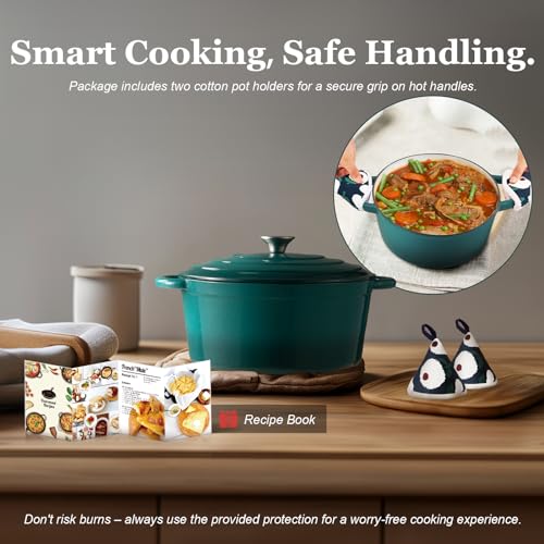 Image of Overmont Enameled Cast Iron Dutch Oven - 4.5QT Pot with Lid Cookbook & Cotton Potholders - Heavy-Duty Cookware for Braising, Stews, Roasting, Sourdough Baking bottle green