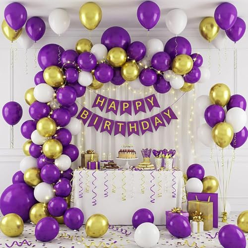 Image of RUBFAC 135pcs Dark Purple Balloons, Latex Royal Purple Balloon Different Sizes 18 12 10 5 Inch for Garland Arch Wedding Masquerade Birthday Party Decorations