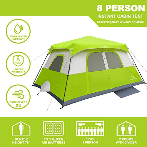 QOMOTOP Camping Tent, 8 Person Instant Set Up Within 1 Minute Tent Equipped with Rain-Fly and Carry Bag, Cabin Style Tent, Green