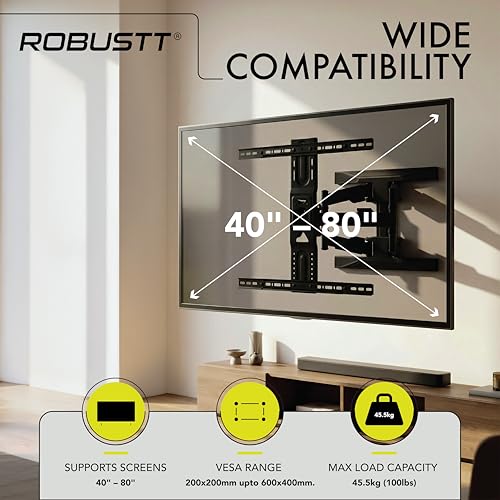 Image of Robustt P6 Movable TV Wall Mount for 40 inch - 80 inch LED Screens | Full Motion TV Mount with Tilt, Swivel & Extend Arm | Adjustable TV Wall Mount | Supports up to 45.5 kg | VESA 200x200-600x400mm