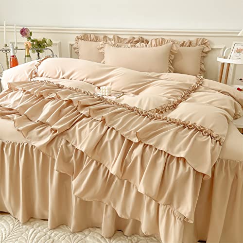 Ihoustriy Kid's Duvet Cover Twin Size,100% Washed Microfiber 2Pcs Girl Bedding Duvet Cover Set, Ruffle Solid Color Soft And Breathable With Zipper Closure & Corner Ties, Khaki - Twin #TOP1
