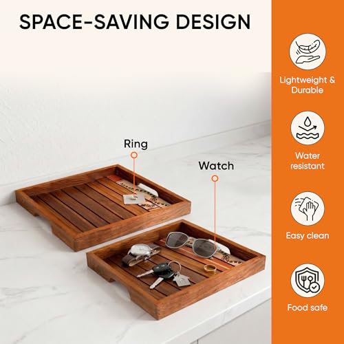 Image of AAKRITI ART CREATIONS Rosewood Tray Set of 2 | Handcrafted Floral Art | Natural Brown Wooden Trays & Platters with Handle | Matte Finish Home Trays | Trays for Dining Table & Kitchen Organizer