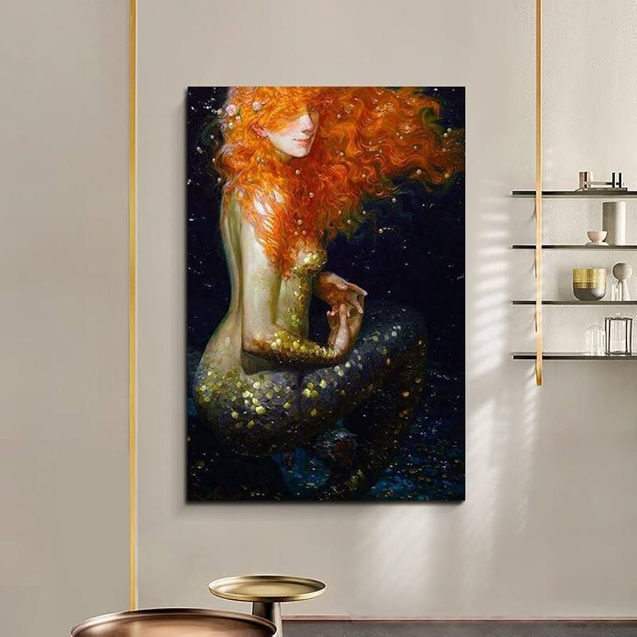 MQQYLBHDS モダンなポスター美しい人魚の赤い髪のゴールドの皮の壁のアート写真キャンバス絵画なしリビングルームの家の装飾 (Color : 0726 Mermaid 5, Size : 50x70CM NO FRAME)