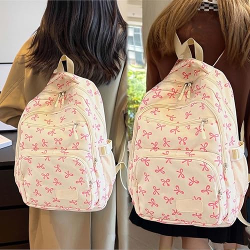 Coquette Bow Backpack 3Pcs Set, Nylon Coquette Backpack With Bow Pattern (Brown)3