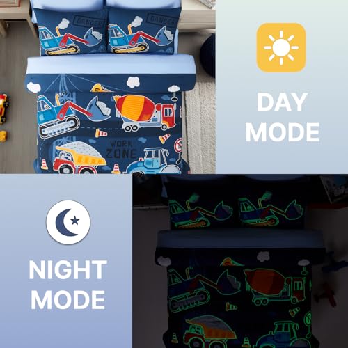 Full Size Comforter Set for Boys-7 Pieces Truck Tractor Excavator Glow in The Dark Full Bedding Sets for Kids, Ultra Soft Bed in A Bag with Sheets