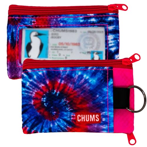 Image of Chums Surfshorts Wallet - Lightweight Zippered Minimalist Wallet with Clear ID Window - Water Resistant with Key Ring (Red /Blue Swirl)
