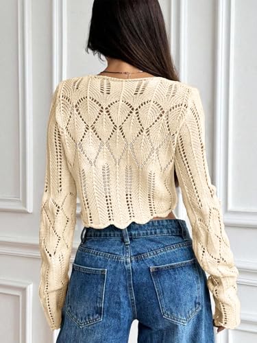 Image of Women's Tie Front Lightweight Cardigan Long Sleeve Crochet Hollow Out Knit Boho Cardigan