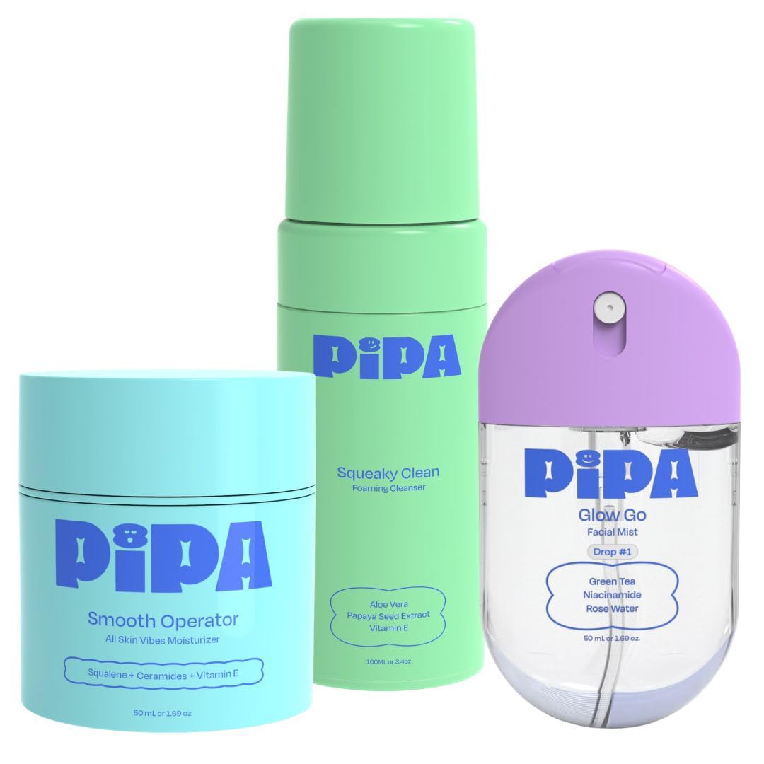 Pipa Clean Start Skincare Bundle for Kids & Tweens – Glow Go Mist, Smooth Operator Moisturizer, and Squeaky Clean Cleanser for Gentle, Hydrating, and Effective Daily Skincare