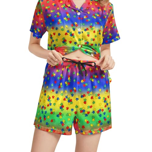 Image of Funny Satin Pajamas Set for Women Button Down Sleepwear Print Pjs Set 2 Piece Short Sleeve Loungewear Gift for Women