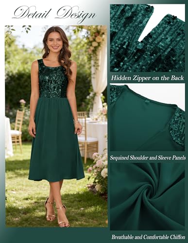 Image of GRACE KARIN Formal Wedding Guest Dress Sequin Mother of The Bride Dresses | Two Piece,3 /4 Sleeve,Tea Length,Crew Neck,Fit and Flare,Chiffon,Suitable for Spring /Summer /Fall /Winter /Cocktail /Party /Prom