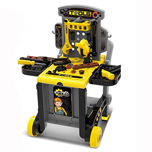 TikTakToo Werkstatt-Trolley, Werkstattwagen, Wagen, Werkzeug, Werkzeugkoffer für Kinder, Technikwagen, Mechaniker, 3in1, inkl. 46 teiligem Zubehör