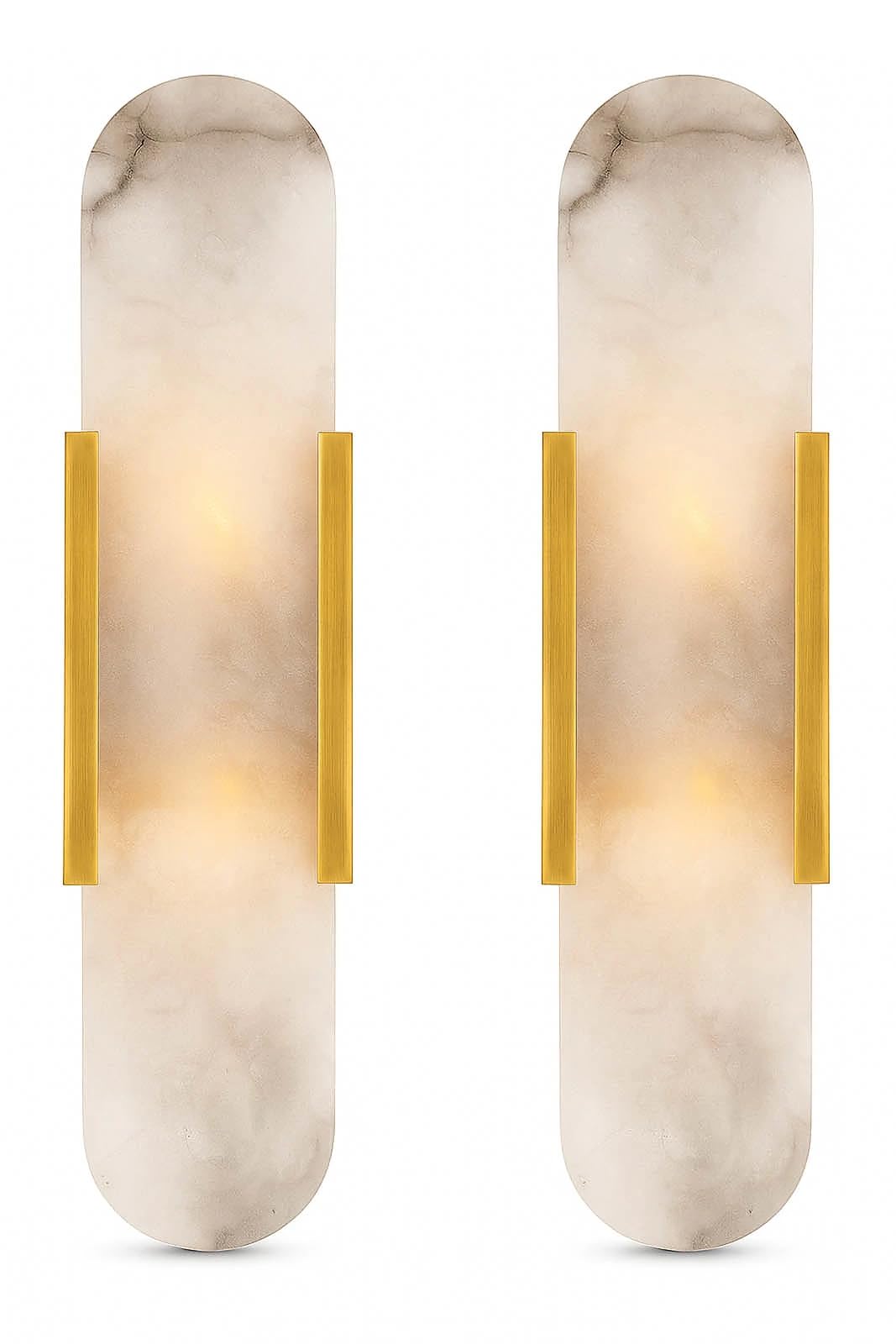Natural Alabaster Wall Sconce Set of 2 – Modern Marble Wall Lamp for Bedroom, Bathroom Vanity, Living Room, Hallway & Staircase – Stone Alabaster Lamp Lighting Fixture(Gold,35cm)