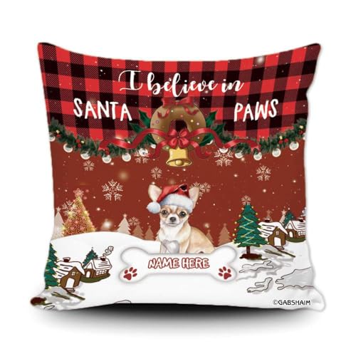 GABSHAIM Custom Chihuahua Dog Christmas Throw Pillow Cover I Believe in Santa Paws Watercolor Dog Print Red Buffalo Plaid Xmas Sofa Home Decor Pillowcase Canvas 18x18 Inch