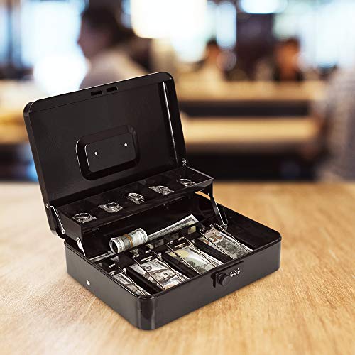 Image of Cash Box with Money Tray and Combination Lock Metal Money Box for Cash Register Tiered Lock Box for Money 11.8 inch x 9.4 inch x 3.54 inch Black