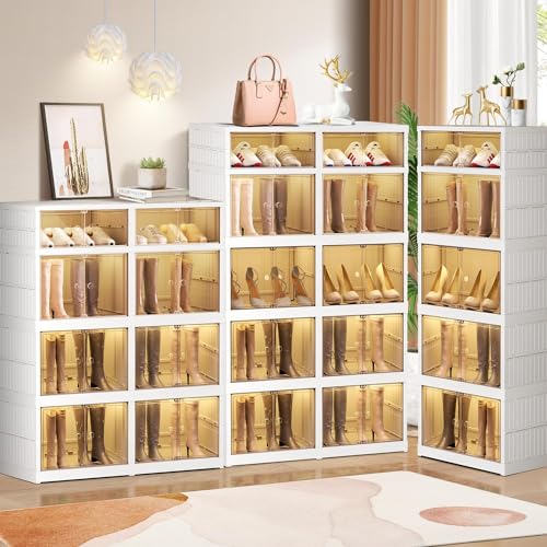 Image of CIMLORD 4-Tier Foldable Shoe Rack Organizer for Boots, 16 Pairs, White | Collapsible Large Plastic Shoe Cabinet Storage, Fits Tall Boots, Stackable with Lids, Easy Assembly, for Closet & Entryway