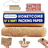 ecoducer 12”x100ft Honeycomb Packing Paper for Moving Supplies with 24 Fragile Stickers &100 ft Jute Twine. Eco Friendly Packing Material for Packing Fragile Items. Biodegradable Shipping Supplies.