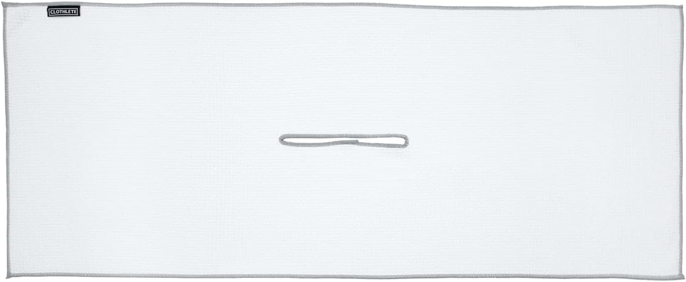 Center Cut Microfiber Golf Towel, Lightweight, Large Size, Super Absorbent, Fast Drying, Center Hole Drapes Over Clubs - 16 inch x 40 inch (White w/Gray Edge)