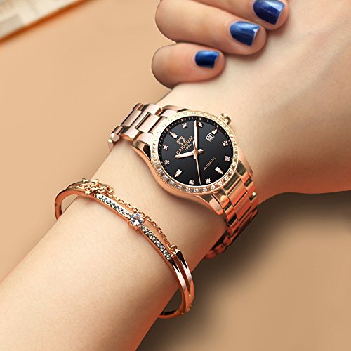 Image of Women's Diamond Automatic Mechanical Rose Gold Stainless Steel Sapphire Waterproof Lady's Elegant Blue Watch