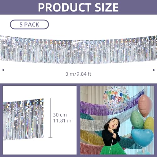 Image of 5 Pack 10 Feet Silver Fringe Garland Foil Fringe Garland Metallic Tinsel Streamers Fringe Backdrop Banner for Parade Floats Birthday Party Decorations Halloween Christmas Decor