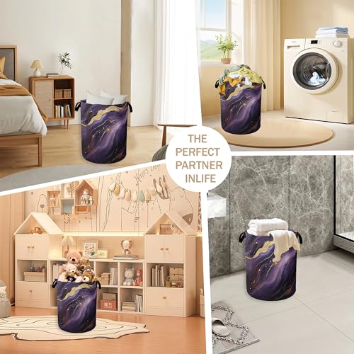 Image of Purple Gold Marble Laundry Hamper,Modern Abstract Collapsible Laundry Baskets,Waterproof Oxford Cloth Laundry Room Organization for Bedroom,Bathroom,Nursery,16x20 Inch