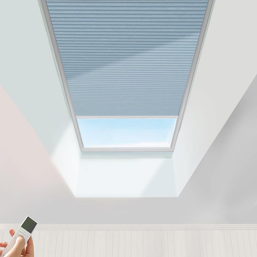 TIPIACE Hard-Wired Motorized Skylight Roof Window Cellular Honeycomb Half Blackout Waterproof Blinds Curtain Suitable Skylight Glass Room Sloping Roof Room (Half Blackout-Light Blue 93020F)