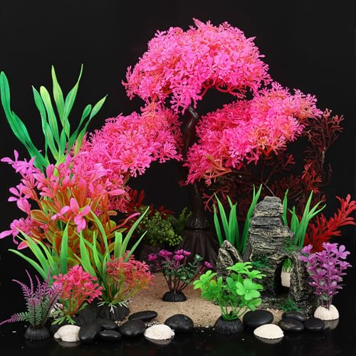 Suncalla 16 Pcs Aquarium Fish Tank Plastic Plants and Cave Rock Decorations Decor Set Pink Cherry Blossom Tree Aquarium Decor Set Small and Large Artificial Fish Tank Plants Accessories