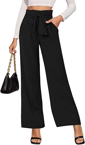 LilyCoco Pantalones de pierna ancha para mujer de cintura alta elegante con lazo pantalones casuales para trabajo negocios con bolsillos