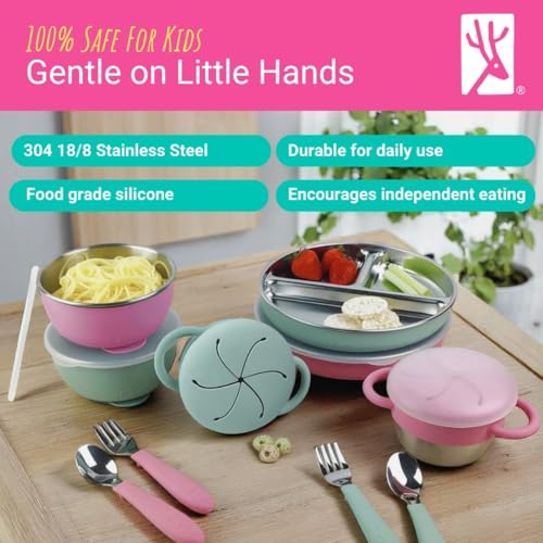 Image of Elk and Friends Kids Stainless Steel Mealtime Bundle | Plates, Bowls, Snack Cups + Toddler Utensils | Silicone Suction Sleeves + Travel Storage Lids | For Meals + Snacks | Dishwasher Safe