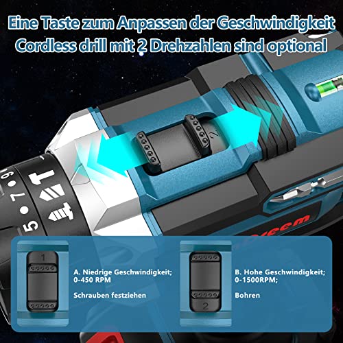Akkuschrauber 21V, Akku Bohrschrauber mit zwei 21V Batterien, Akku Bohrer mit 3 Funktionen, Akku Schlagbohrschrauber mit 61tlg Zubehör Set, AkkuBürste mit Reinigen Set, akku bohrmaschine – Bild 6