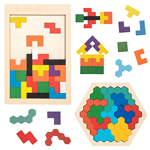 Bois Puzzle Tangram, Tetris Tangram Montessori Puzzle Jigsaw Casse-tête Teaser Géométriques, Cerveau Jeu Bloc, Jouets Cadeau Éducatif pour Enfants Tout-Petits 3-8 Ans Cover