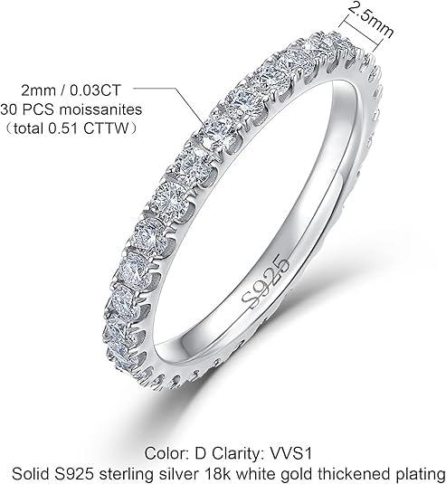 WES 925 Sterling Silver D Color VVS1 Lab Created Moissanite Wedding Band Full Eternity Stackable Wedding Rings for Women, Size 5-8 - Image 2