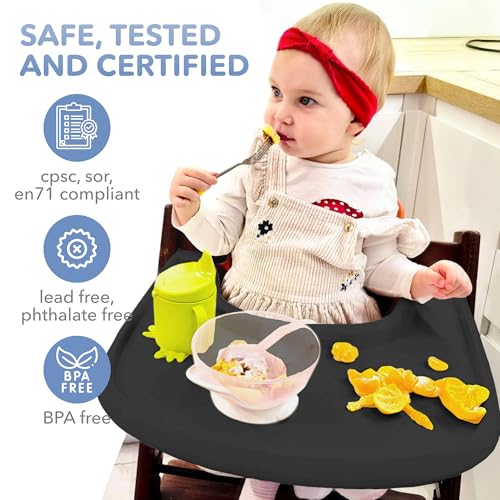 Image of High Chair Table Compatible with Stokke Tripp Trapp Chair with Powerful Smooth Suction Surface, Glossy Black- BPA Free, Easy to Clean and Assemble