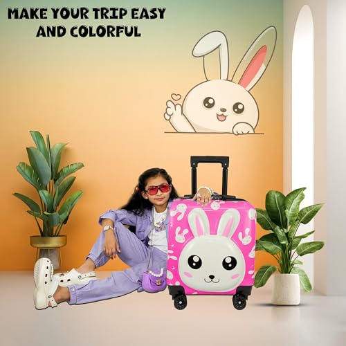 Image of Storite 18 Inches Kids Trolley Bag Hard-Sided Polycarbonate Cute Rabbit Print Spinner Suitcase Trolley Bags for Kid's Travel (Pink - 35 x22 x 37 Cm)