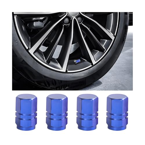 SWPHRT Car Tire Stem Valve Caps, 4PCS Aluminum Hexagon Design Leak-Proof Corrosion Resistant Vehicle Wheel Air Valve Cover, Dustproof Auto Tire Stem Protection, Universal for SUV RV Truck (Blue)