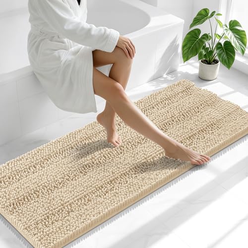 Image of Smiry Thick Chenille Bathroom Runner Rugs 59x20, Absorbent Striped Bath Mat, Machine Washable, Rubber Backing, Extra Long Bath Rugs for Tub & Shower, Modern Home Decor Accessories, Beige