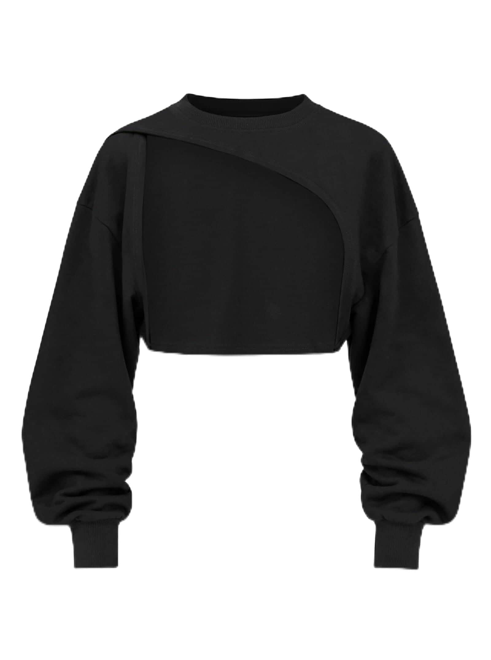 Remidoo Women's Crop Top Bolero Shrug Long Sleeve Shirt Asymmetrical, Super Cropped Layer, Balloon Sleeves, Ribbed Cuffs, Workout, Gym Warm Ups And Streetwear