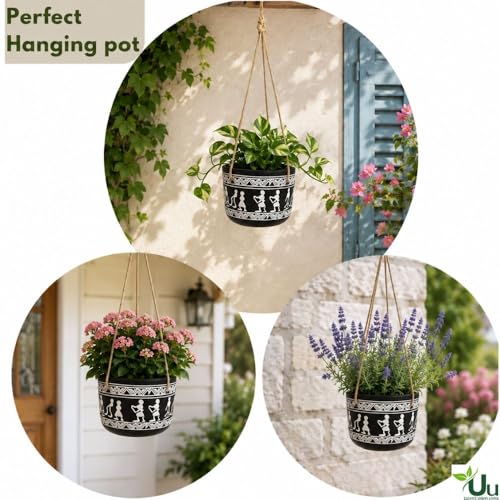 Image of Urban Upvan Tribal Art Design Printed Black Hangingpot with Rope - Premium Decorative Planter for Indoor & Outdoor Plants, Modern Elegant Flower Pot for Home, Garden & Office
