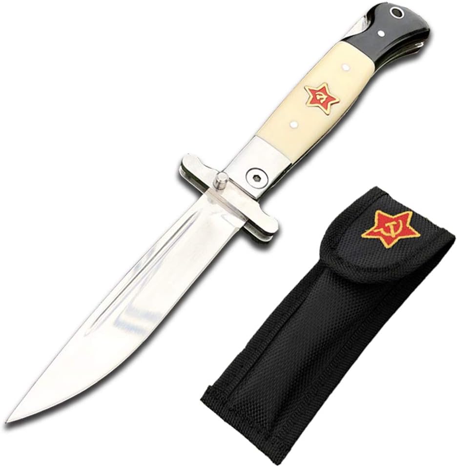 Russian Knife Finka NKVD Knife KGB Manual Folding Pocket Knife Black and White Handle 440C Blade for Outdoor Camping (Black and White)