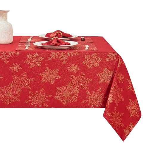 HomeJoy Rectangle Fancy Metallic Sparkling Snowflake Christmas Fabric Table Cloth red Hunter Gold Navy White Silver No-Iron Soil Resistant Woven Holiday Table Cover(Red Gold/60x104Inch) by HomeJoy - Used condition - US$9.15