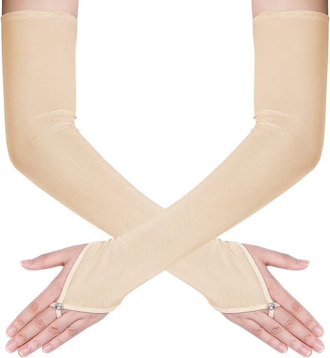 Theaque Women's Long Fingerless Sheer Gloves Tulle Mesh Gloves for Wedding Bridal Opera Party Halloween Costume (Champagne, One Size)
