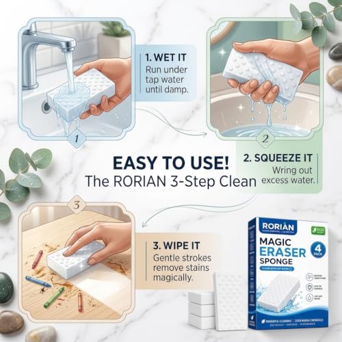 Image of RORIAN Magic Eraser Sponge, Textured Melamine Foam Cleaning Sponge, Non-Scratch Multi-Surface Cleaner for Wall, Sink, Bathroom /Kitchen Surfaces and Shoe Stain Removal (Pack of 4)