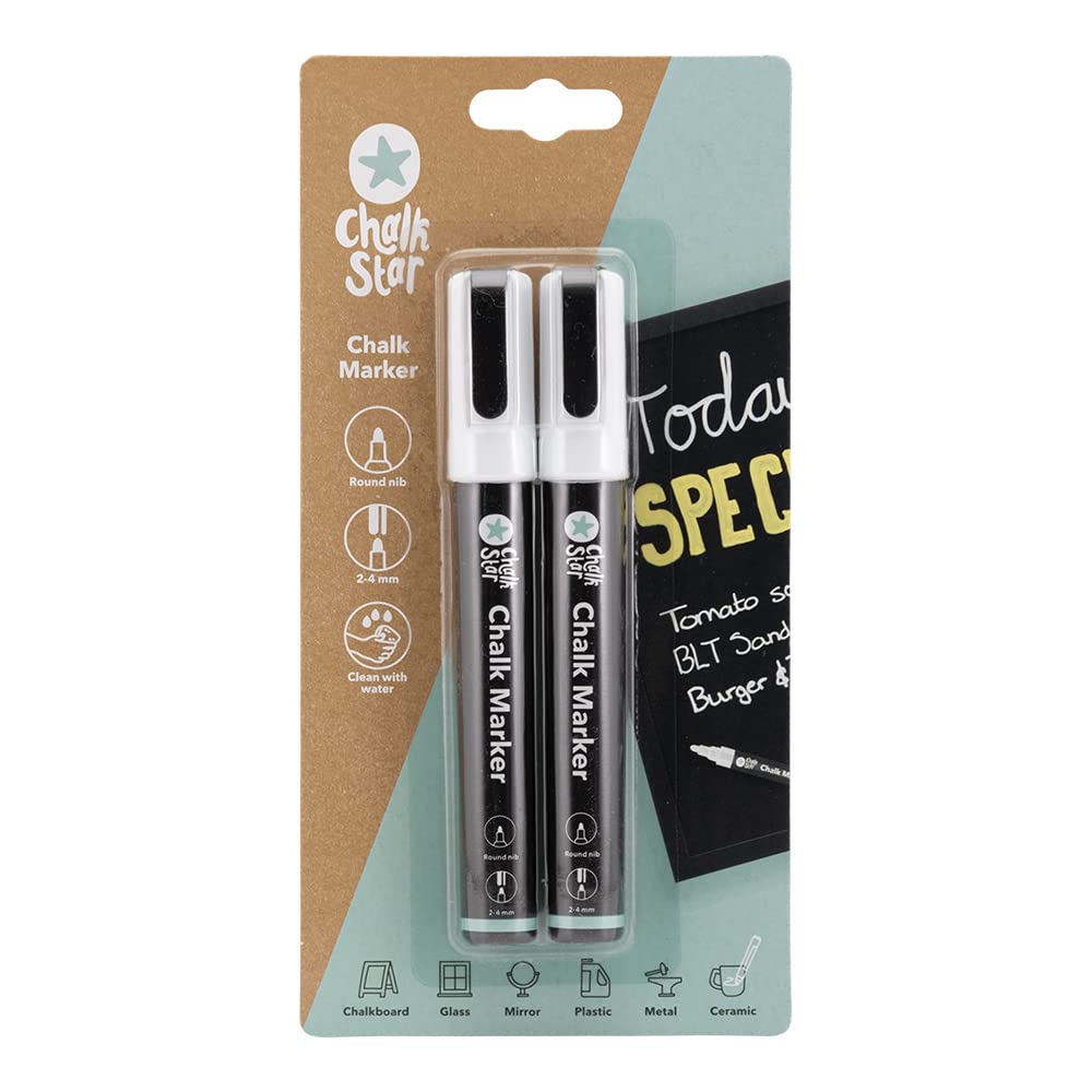 SECURIT Chalk Star 2 szt. pisaki do kredy płynnej białe do tablic, okien, szkła – końcówki okrągłe 2-4 mm