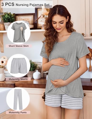 Image of Ekouaer 3 PCS Maternity Nursing Pajamas Set Postpartum Breastfeeding Short Sleeve Shirts, Pregnancy Shorts & Pants Pjs S-XXL