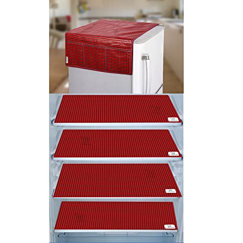 Image of PVC Waterproof 3-Layered Fridge Top Cover /Refrigerator Cover with Utility Pockets and Set of 4 Pc Fridge Mats (Colour -Red, Size-39x21 Inches)
